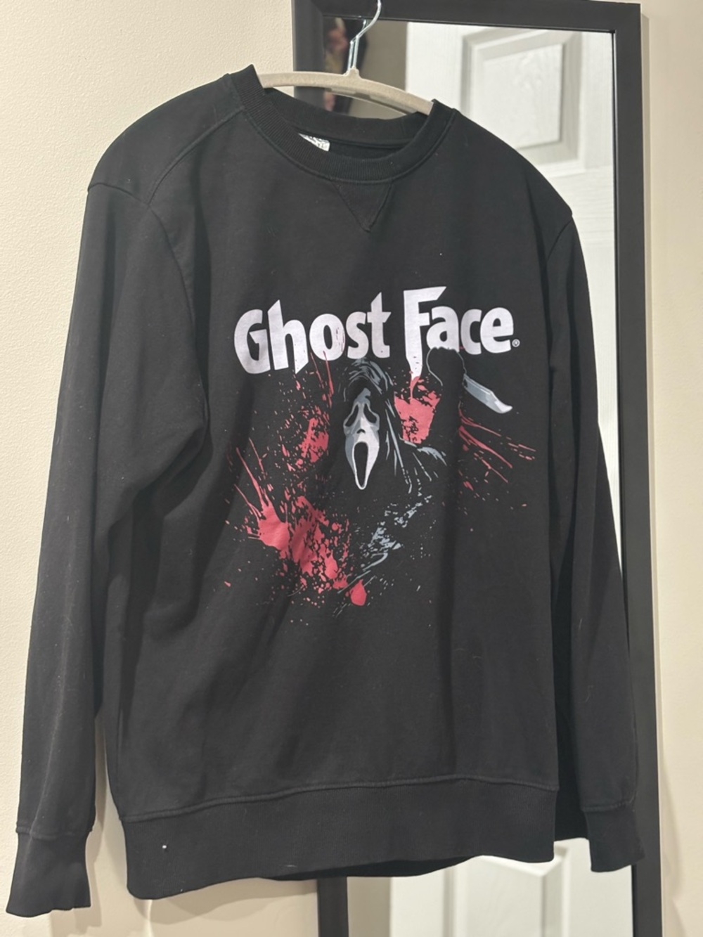 Spirit Black Ghost Face Graphic Crewneck Sweatshirt with Red Accents